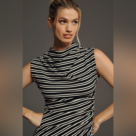 Anthropologie Mock-Neck Ribbed Knit Ruched Dress in Striped Black & White sz XS - Picture 2 of 5